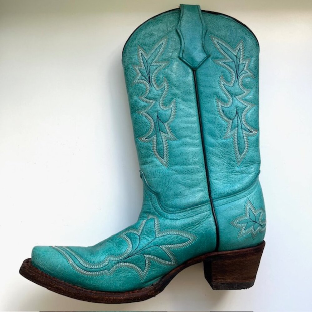 Corral Hand-crafted Embroidered Leather Cowboy Boots in Teal | Women's Size 6 - Picture 5 of 10